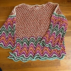 Free People orange and Pink Crew Neck Sweater with Geometric Patterns